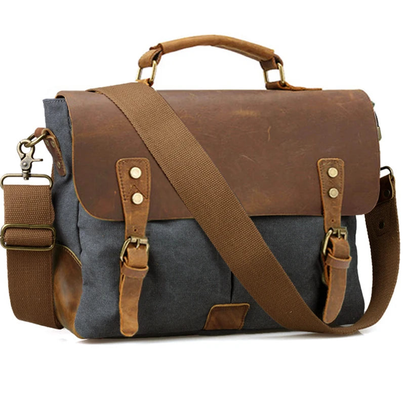 Vintage Leather + Canvas men briefcase Business bag Portfolio men office bag male canvas briefcase attache case document tote