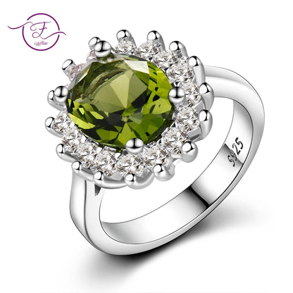 Flower Silver Rings With Peridot Stones Shining Luxury