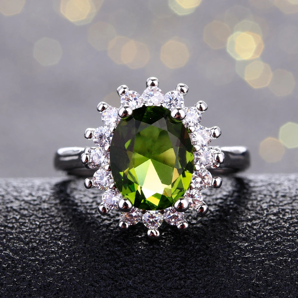 Flower Silver Rings With Peridot Stones Shining Luxury