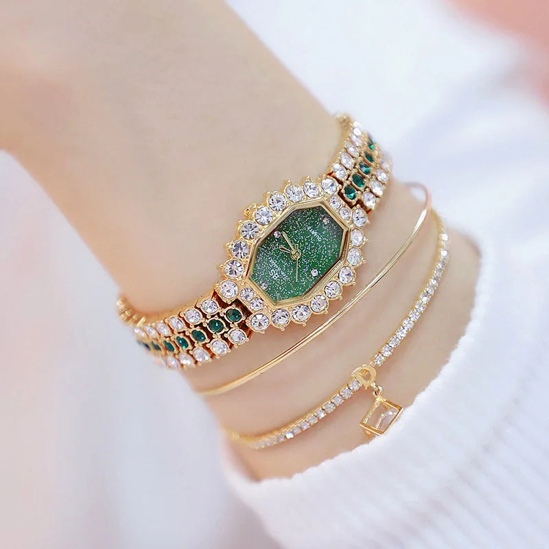 Green Top Luxury Watches Womens Luxury Brand Small Dial Diamond Watch Women Bracelet Rhinestone Wristwatch Women Montre Femme