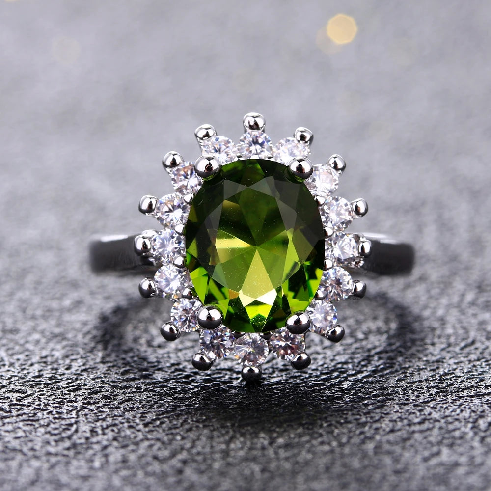 Flower Silver Rings With Peridot Stones Shining Luxury