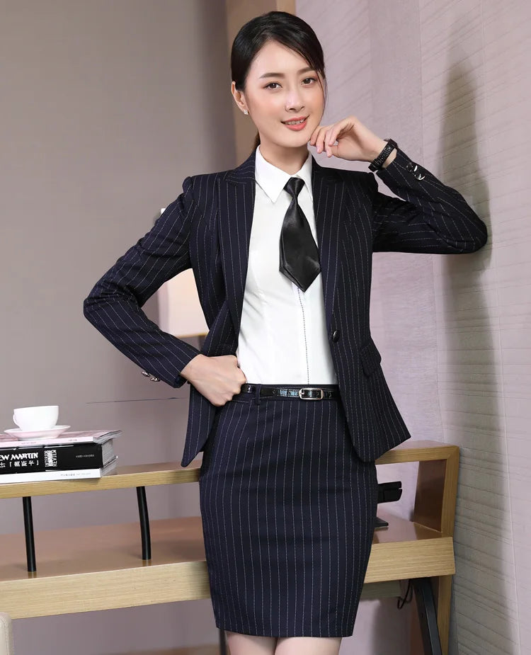 New OL Slim Women Stripe Long Sleeve Professional Women Suit Professional Office Suit Interview Suit