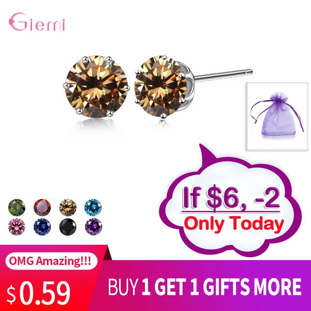 New Collection Cubic Zirconia CZ Stone 6MM Fashion Jewelry Stud Earrings 925 Sterling Silver Earrings Women Gifts 20 Colors