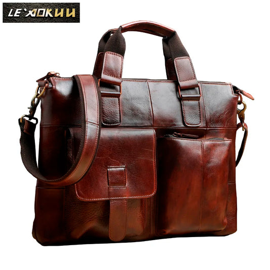 Men Original Leather Retro Designer Business Briefcase Casual 15" Laptop Travel Bag Case Attache Messenger Bag Portfolio B260-w