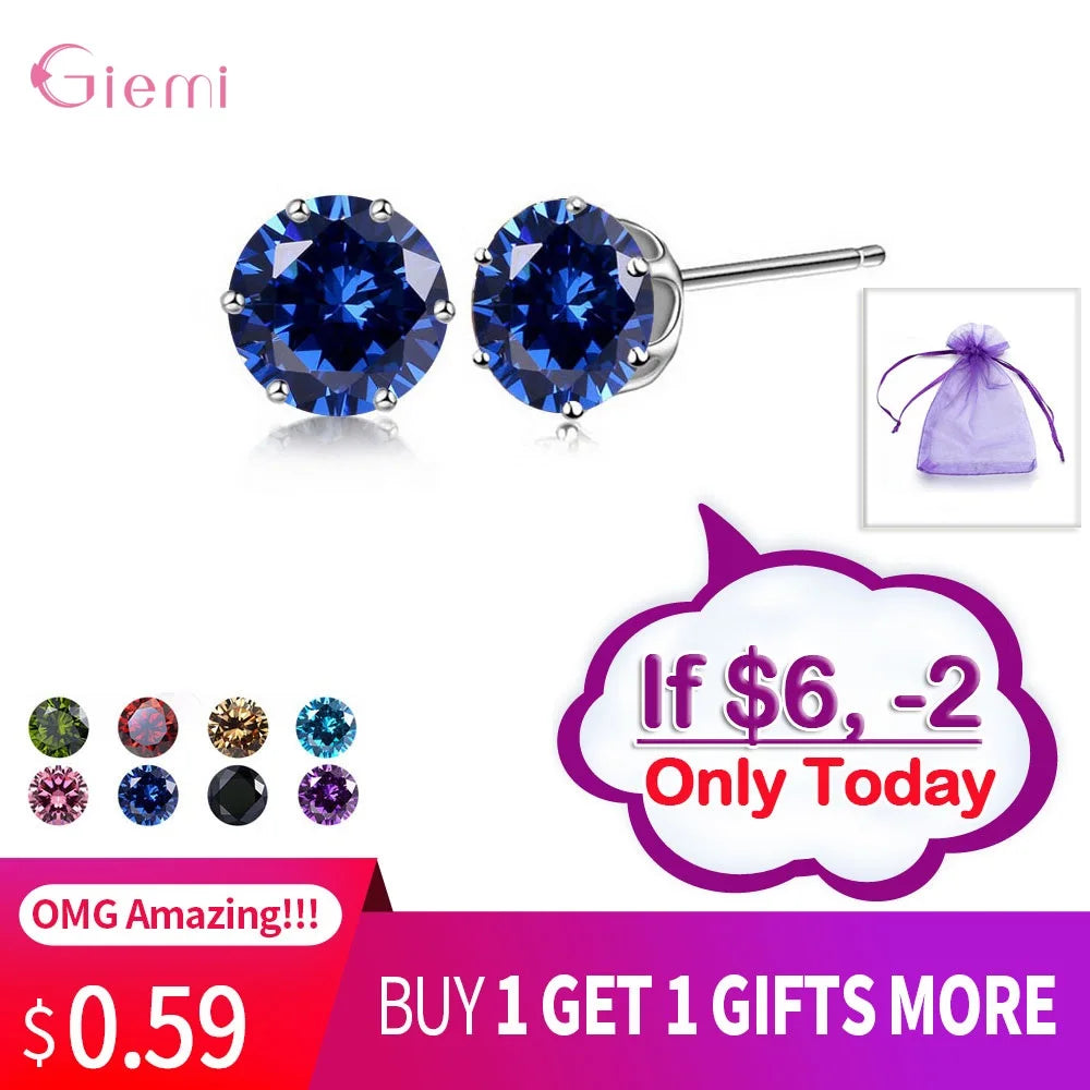 New Collection Cubic Zirconia CZ Stone 6MM Fashion Jewelry Stud Earrings 925 Sterling Silver Earrings Women Gifts 20 Colors