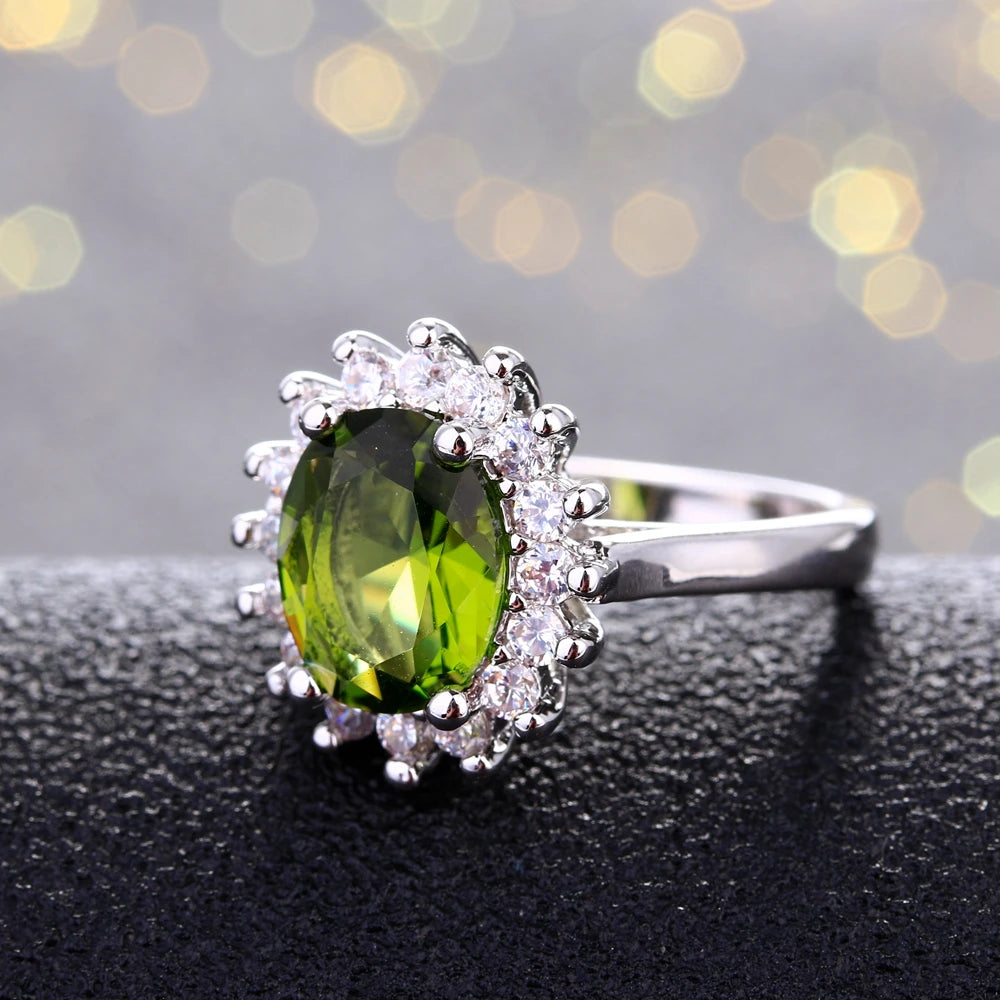 Flower Silver Rings With Peridot Stones Shining Luxury