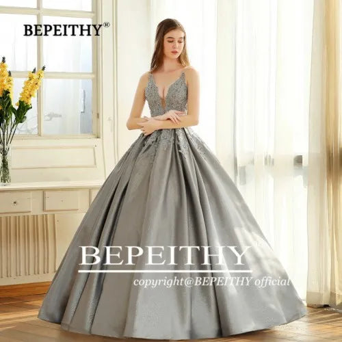 BEPEITHYCustomized Elegant Ball Gown Evening Dress Spaghetti Straps Lace Bodice Glitter Fabric Prom Vestidos De Ocasión Formales