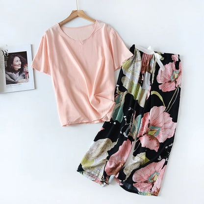 Women Elegant 2Pcs Floral Print Household Wear Ladies Loose Thin Rayon Pajamas Set Multi-Color Cotton Satin Sleepwear For Spring