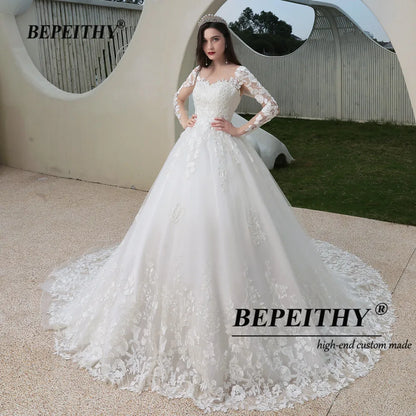 BEPEITHY Customized Lace Wedding Gowns For Women Long Sleeves France India Bride Princess Bridal Dresses 2022 Vestidos De Novia