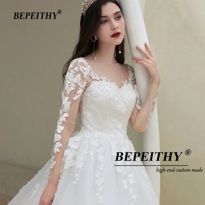 BEPEITHY Customized Lace Wedding Gowns For Women Long Sleeves France India Bride Princess Bridal Dresses 2022 Vestidos De Novia