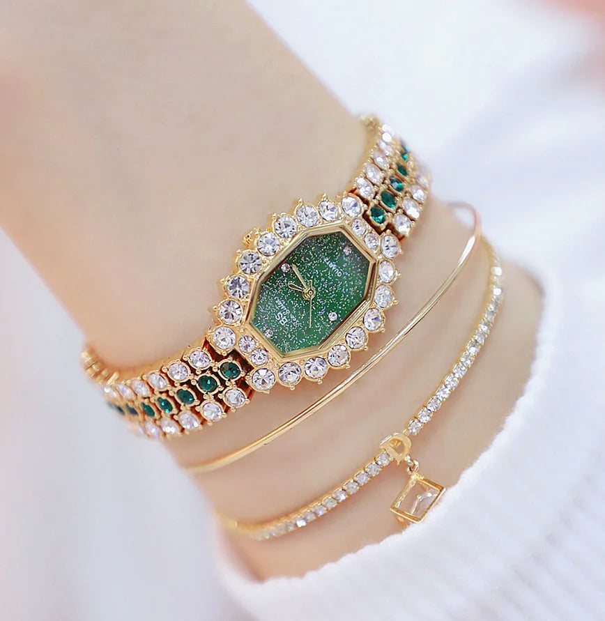 Green Top Luxury Watches Womens Luxury Brand Small Dial Diamond Watch Women Bracelet Rhinestone Wristwatch Women Montre Femme