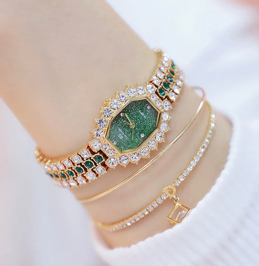 Green Top Luxury Watches Womens Luxury Brand Small Dial Diamond Watch Women Bracelet Rhinestone Wristwatch Women Montre Femme