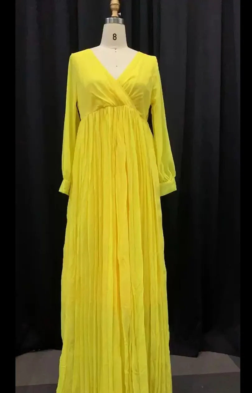 Sexy Yellow Plus Size Women Loose Long Dresses Pleated Plain Dinner Evening Party Vintage Female 2019 Autumn Maxi Dress 4XL 5XL