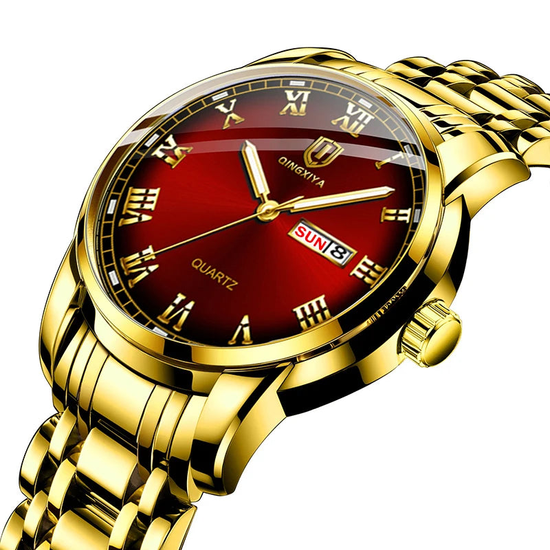 QINGXIYA Top Brand Luxury Gold Red Quartz Watch Men Stainless Steel Luminous Waterproof Watches Week Calendar Business Watch Men