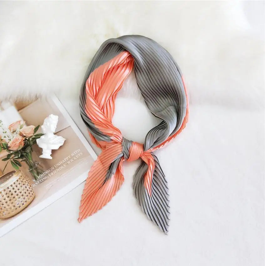 Summer Multifunction New Elegant Decorated Scarf for Women Small Pleated Neck Scarf Crinkle Pattern Silk Headwear 2021