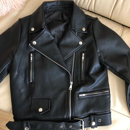 New Women Spring Autumn Black Faux Leather Jackets Zipper Basic Coat Turn-down Collar Motor Biker Jacket With Belt