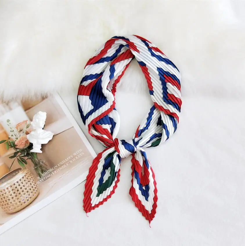 Summer Multifunction New Elegant Decorated Scarf for Women Small Pleated Neck Scarf Crinkle Pattern Silk Headwear 2021