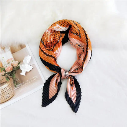 Summer Multifunction New Elegant Decorated Scarf for Women Small Pleated Neck Scarf Crinkle Pattern Silk Headwear 2021