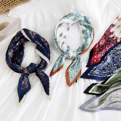 2021 Summer Multifunction New Cashew Printed Decorated Scarf for Women Small Pleated Neck Scarf Crinkle Pattern Silk Headwear