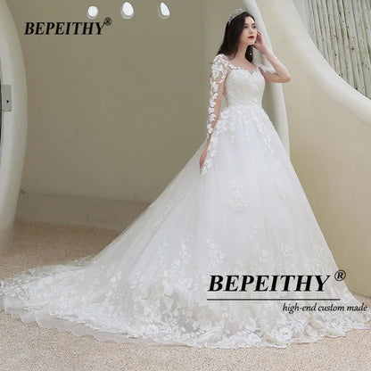 BEPEITHY Customized Lace Wedding Gowns For Women Long Sleeves France India Bride Princess Bridal Dresses 2022 Vestidos De Novia