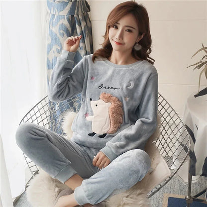 2021 Autumn Winter Pajamas Set Women Sleep Shirt & Pant Set Sleepwear Warm Flannel Nightgown Female Cartoon Bear Animal Pijamas