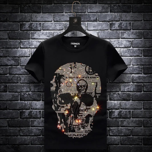 Plus Size 2024 Skull Rhinestones T Shirts Men Summer Clothes Short Sleeve Man Streetwear O Neck Slim Tshirts Calaveras Camiseta