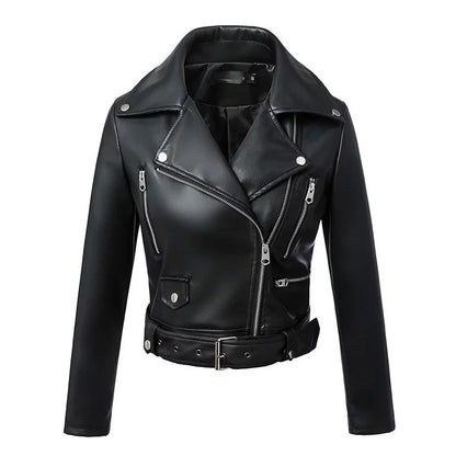 New Women Spring Autumn Black Faux Leather Jackets Zipper Basic Coat Turn-down Collar Motor Biker Jacket With Belt