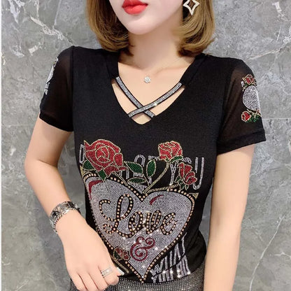 Fashion T-shirt  Diamonds Letter Rose