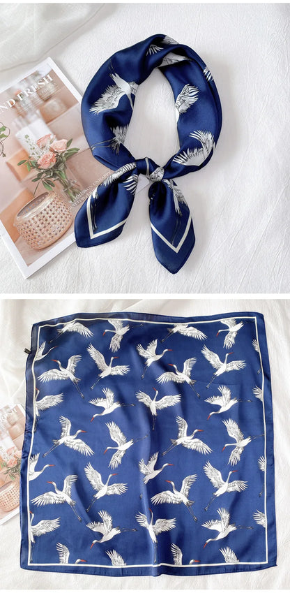 Summer Fashion Lady Crane Prints Scarf Silk Square Foulard Hairband Soft Elegant Neckerchief Shawl Wrap Women Foulard Bandana