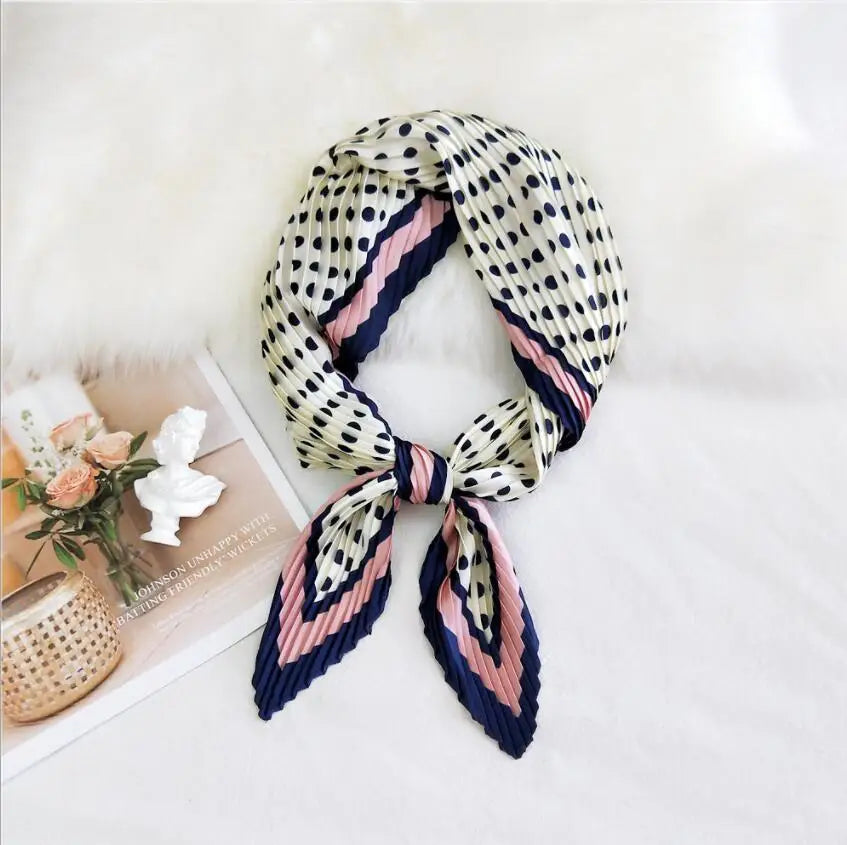 Summer Multifunction New Elegant Decorated Scarf for Women Small Pleated Neck Scarf Crinkle Pattern Silk Headwear 2021