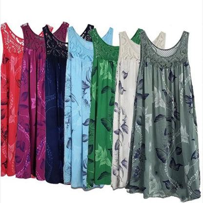 Elegant  Floral Printed Lace Stitching O-Neck Sleeveless Women Summer Loose Tank Dress