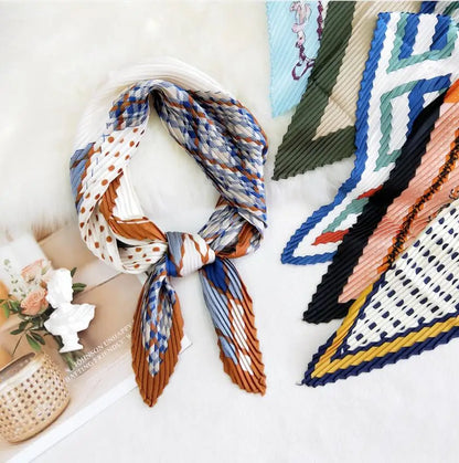 Summer Multifunction New Elegant Decorated Scarf for Women Small Pleated Neck Scarf Crinkle Pattern Silk Headwear 2021