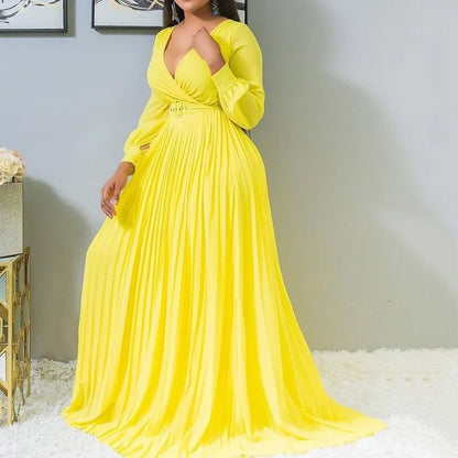 Sexy Yellow Plus Size Women Loose Long Dresses Pleated Plain Dinner Evening Party Vintage Female 2019 Autumn Maxi Dress 4XL 5XL