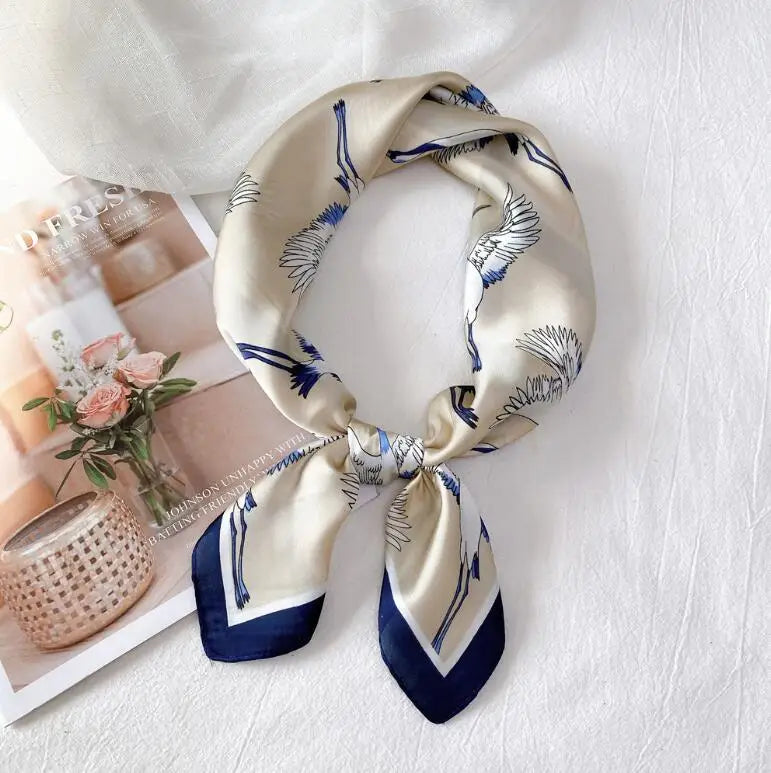 Summer Fashion Lady Crane Prints Scarf Silk Square Foulard Hairband Soft Elegant Neckerchief Shawl Wrap Women Foulard Bandana