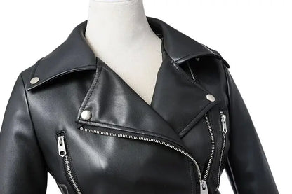 New Women Spring Autumn Black Faux Leather Jackets Zipper Basic Coat Turn-down Collar Motor Biker Jacket With Belt