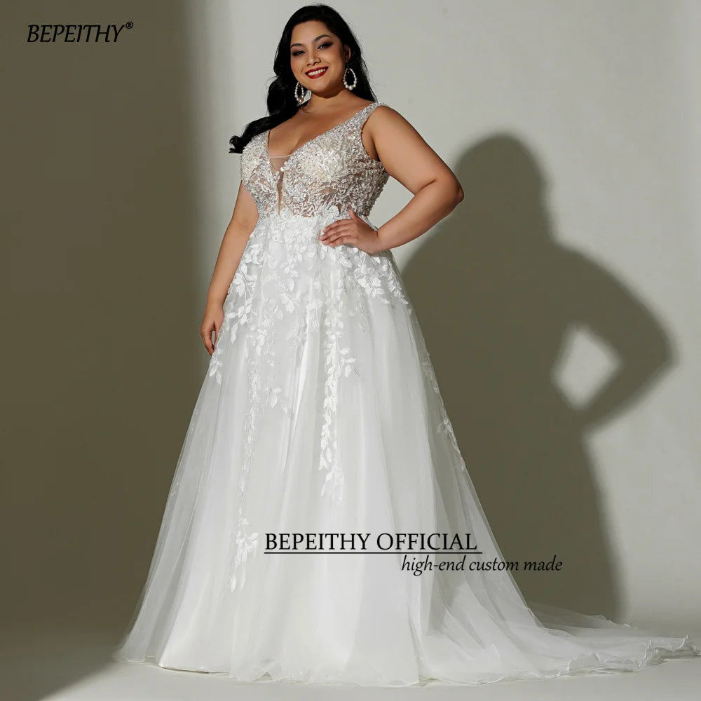 BEPEITHYCustomized Lace Boho Wedding Dress 2022 For Plus Size Women Bride Sleeveless A Line Ivory V Neck White Curve Bridal Gown