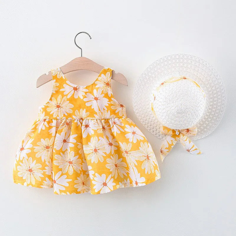 Summer Baby Girl Newborn Strap Dress Little Daisy Bow Baby Princess Dress Girl Children's Wear Comes With Same Hat