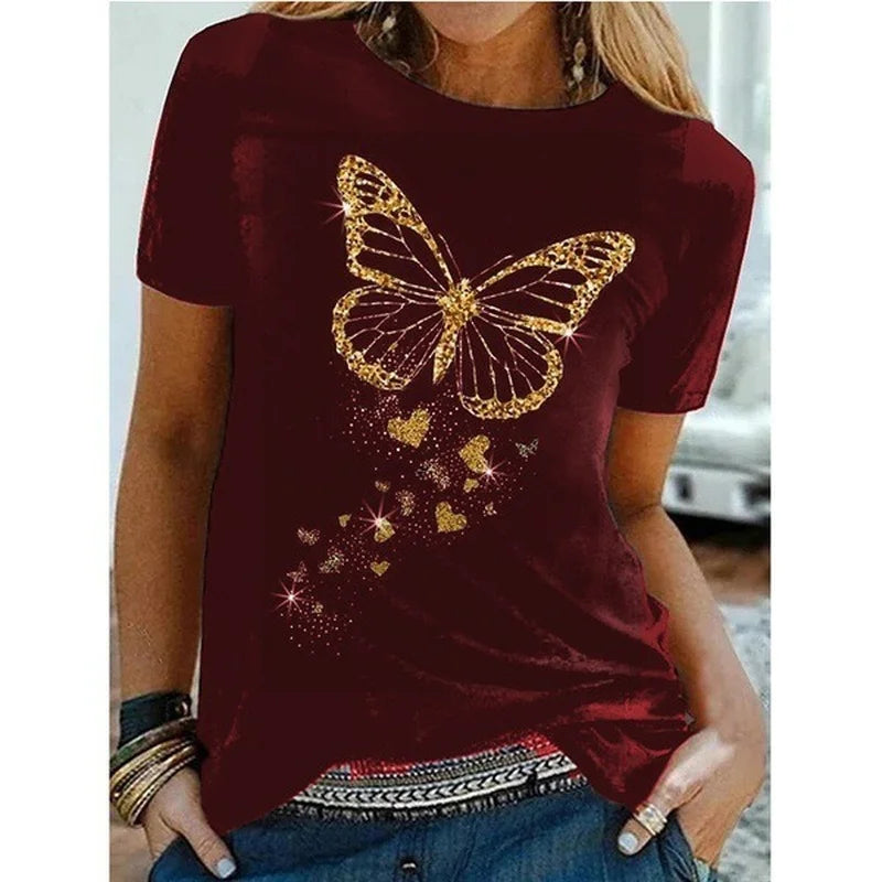 Golden Butterfly Print Women T Shirt Short Sleeve O Neck Loose Women Tshirt Ladies Tee Shirt Tops Clothes Camisetas Mujer