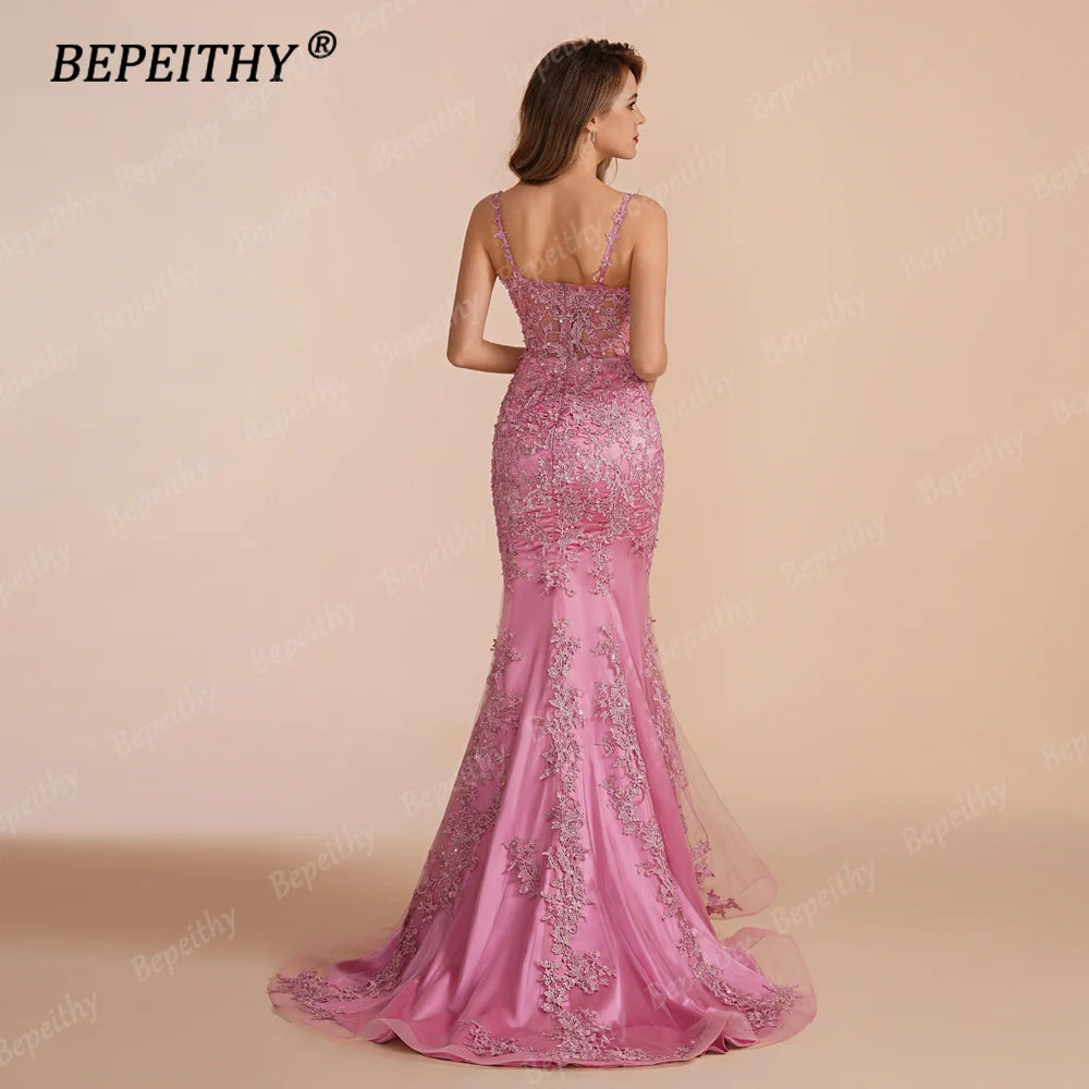 BEPEITHY Customized V Neck Mermaid Long Prom Evening Dresses 2023 Sleevesless Lace Sexy Sweep Train Wedding Party Gown For Women