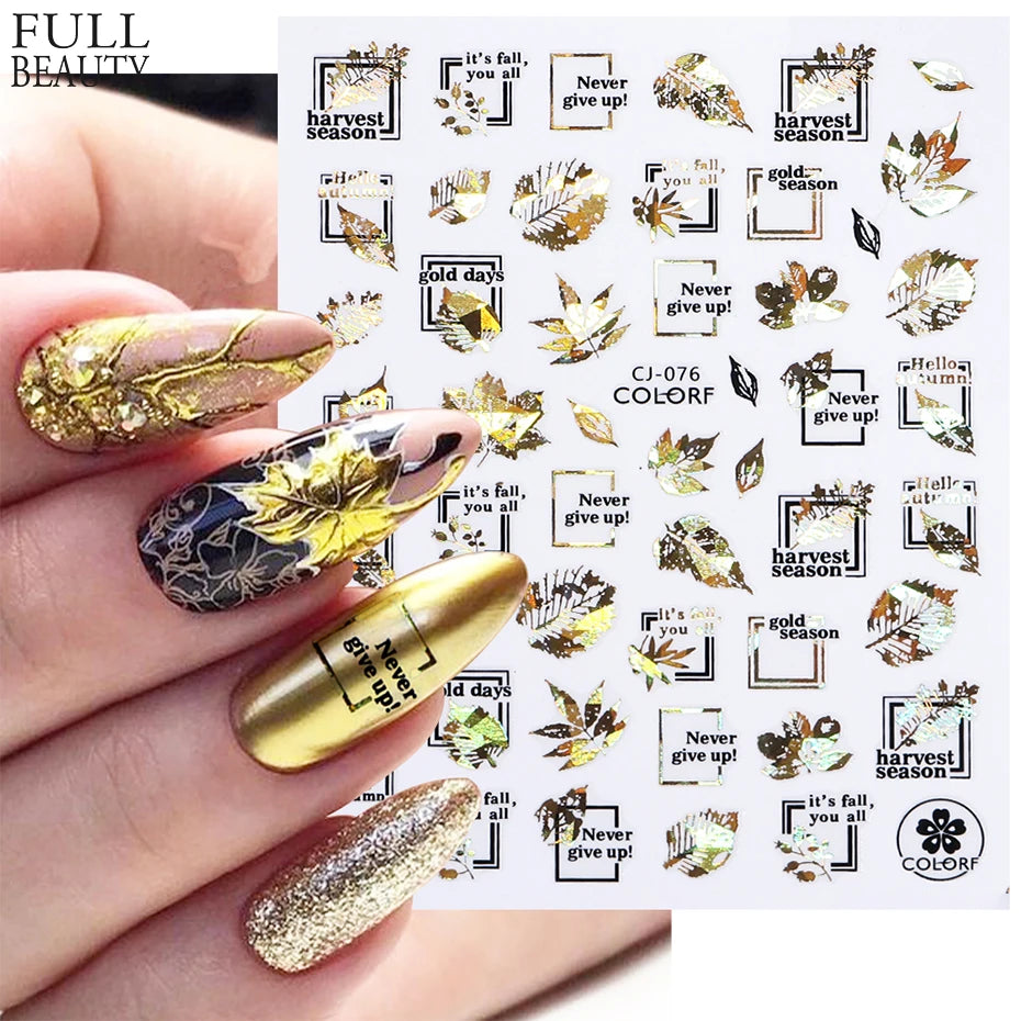 Shiny Maple Geometry Autumn Nail Art Stickers Laser Sector Fall Leaves Decals Cute Squirrel Slider Manicure Decorations CHCJ-076