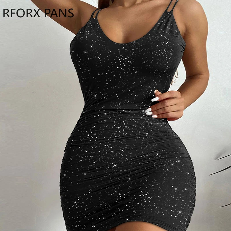 Women Elegant Glitter Halter Double Spaghetti Straps Butterfly Decor Back Sleeveless  Bodycon Sexy Mini Dress