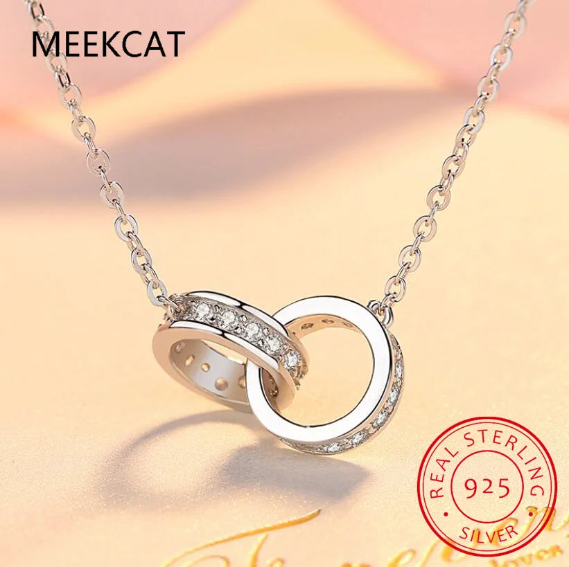 925 Sterling Silver Double Circle Interlock Pendant Necklace Double Ring Collarbone Neck Chain for Women Jewelry BSN295