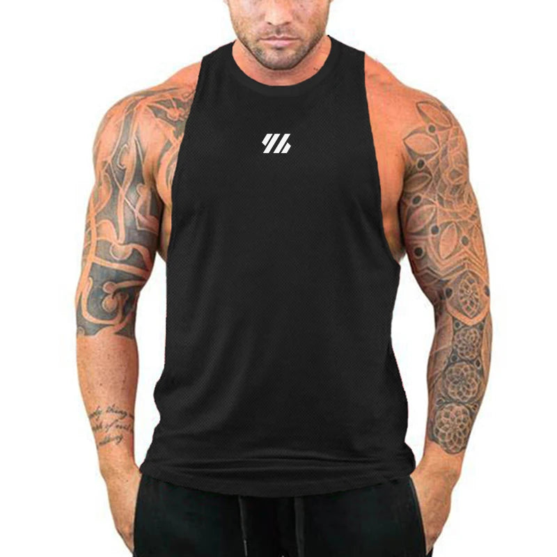 Summer Men's Quick-drying Mesh Running Sleeveless Vest Diagonal Rod Printed Gym Tank Top Fitness Training Muscle Workout Shirt