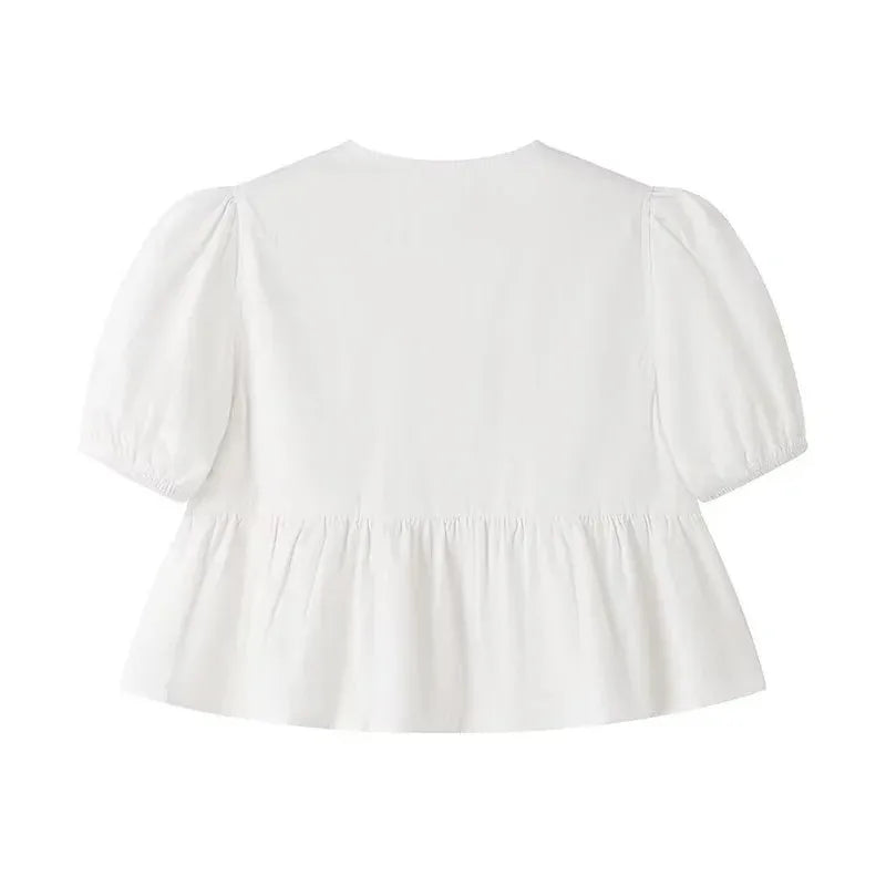 TRAF White Crop Top Women Black Ruffle Short Puff Sleeve Blouse Female Bow Tied Summer Blouses Woman 2024 Ruched Cute Tops