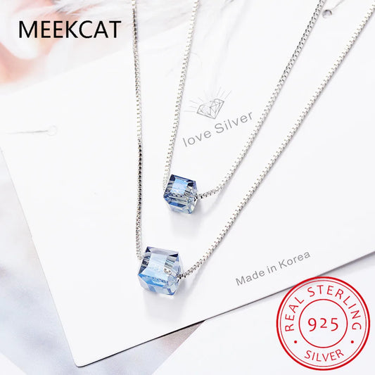 925 Sterling Silver Double Layer Square Box Simple Cube Crystal Necklace For Women choker Colar de Prata S-N194