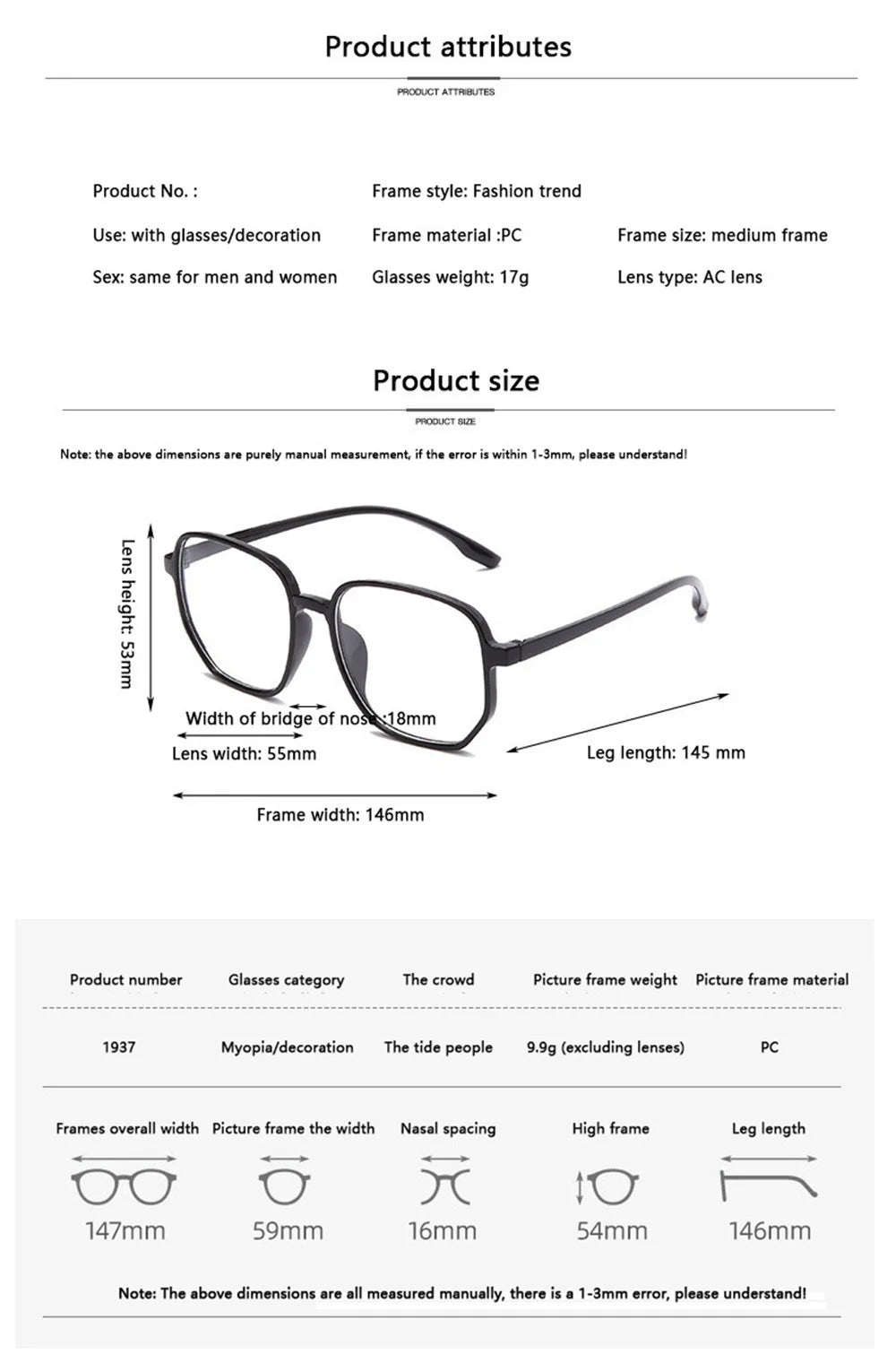 Transparent Anti Blue Light Glasses Women Large Frame Square Eyewear Oversize Computer Glasses Women Men Zero Lens Eyeglasses