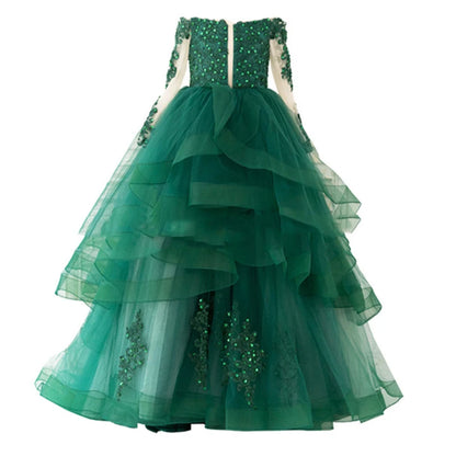 Gorgeous Green Flower Girl Dresses Scoop Neck Appliqued Beaded Long Sleeves Girl Pageant Gowns Ruffle Tiered Sweep Train Birthda