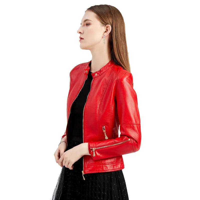 Faux Leather Women Coat Full Sleeve Round Neck Slim Fit Solid Sexy Regular Jackets Zipper Casual Splice Pu Coats Jacket