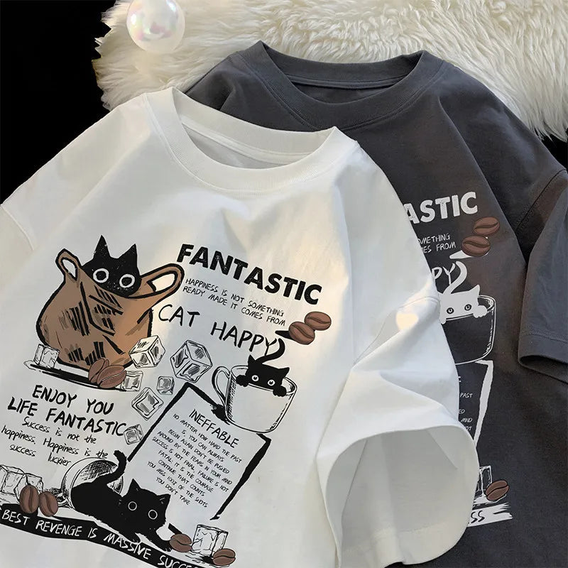 New Men Women T Shirt Pullover Oversize Korean version Cartoon Cat Group Printed T-Shirt Casual Short Sleeve Couples T-Shirt