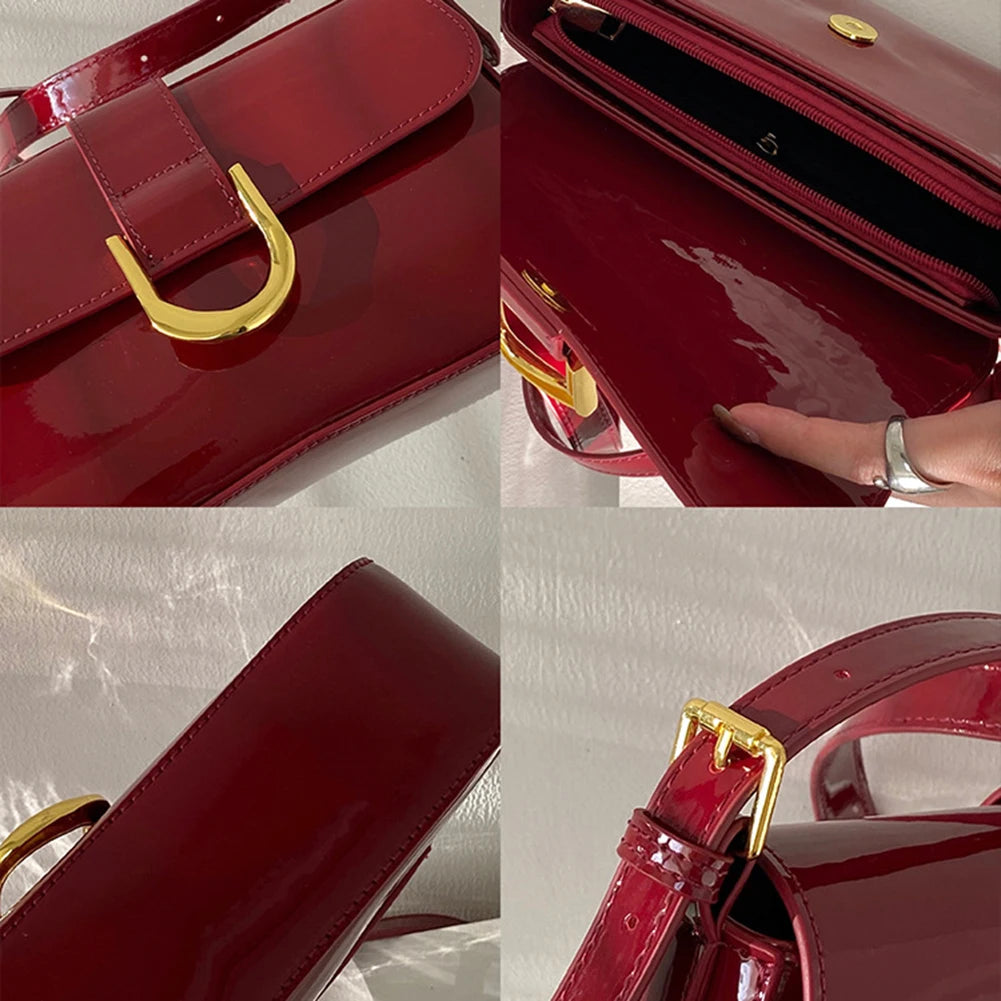 Retro Patent Leather Shoulder Bag For Women Luxury Flap Crossbody Bag Solid Color Underarm Bag Red Crossbody Bag Lady Handbag